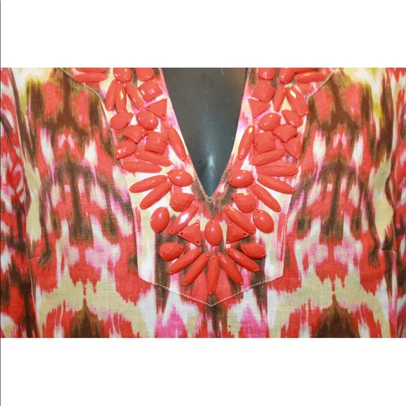 Jones New York Ladies Long Summer Sleeve Blouse Tie Dye Print with Red Beading - Picture 4 of 8